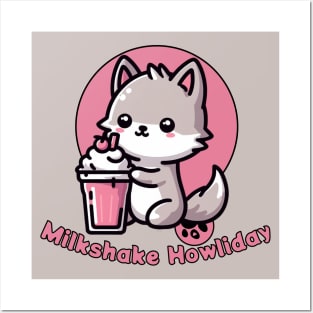 Cute Wolf with Strawberry milkshake Posters and Art